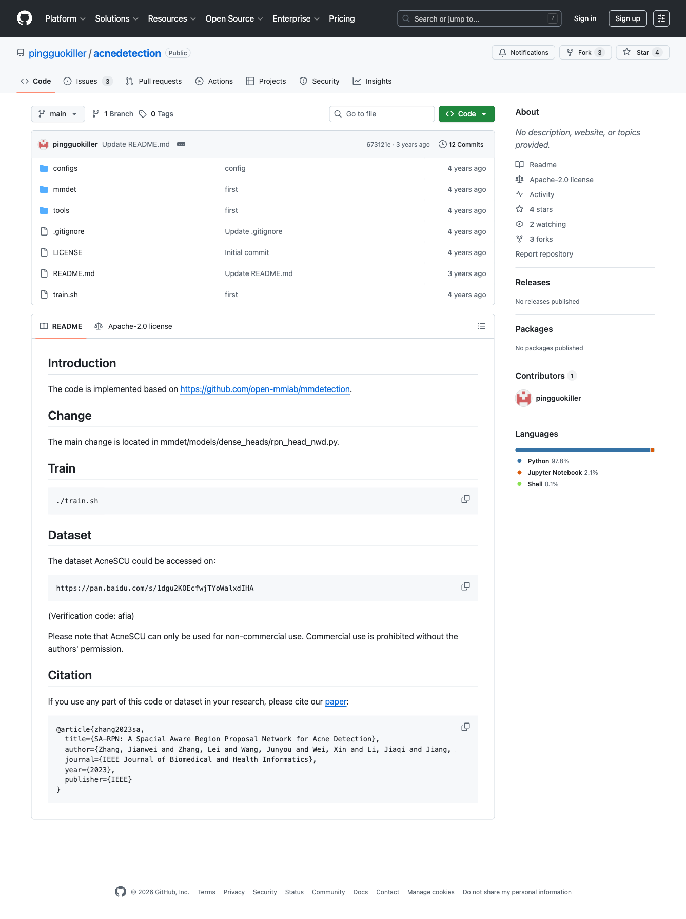 AcneSCU GitHub repo showing Apache-2.0 LICENSE and non-commercial README notice