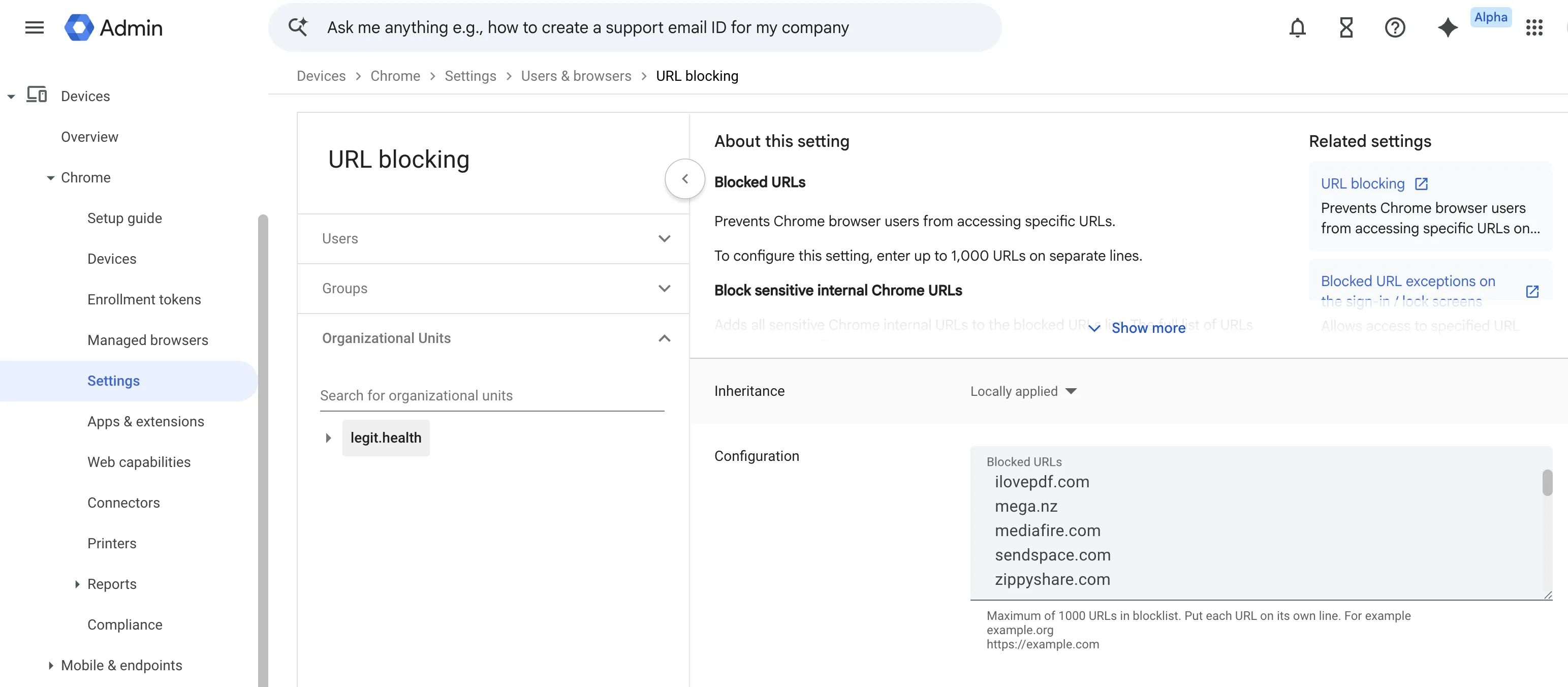 Bloqueo de URLs en Google Chrome gestionado