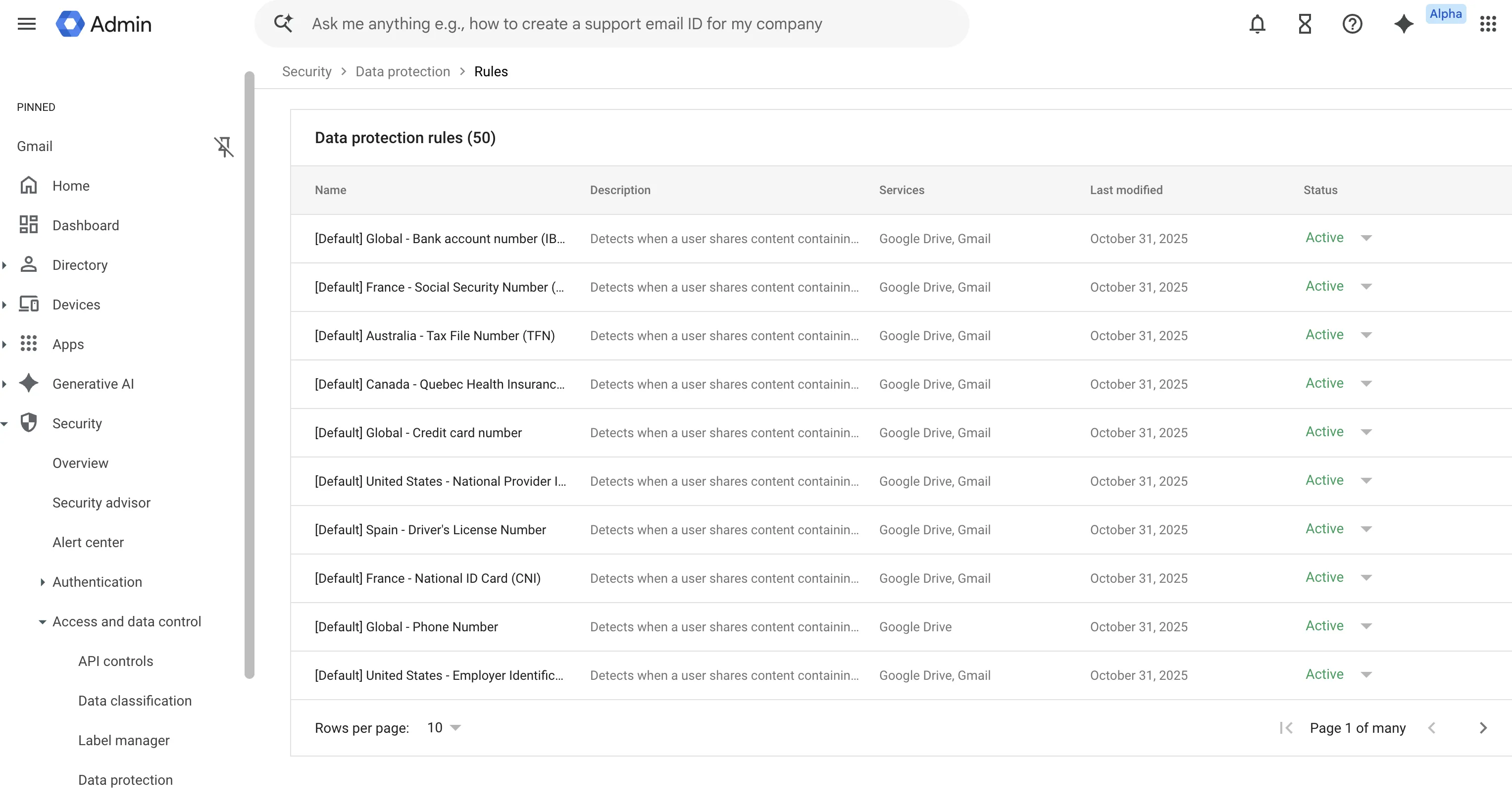 Reglas de protección de datos en Google Workspace