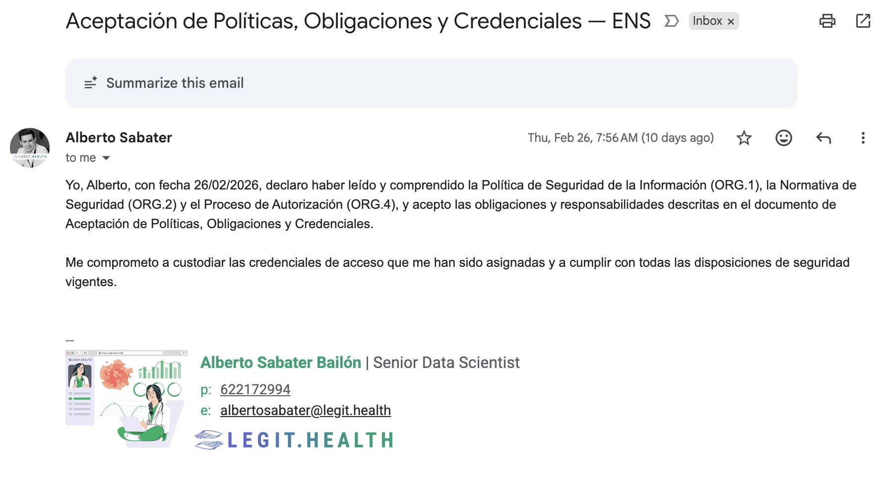 Aceptación de Alberto Sabater