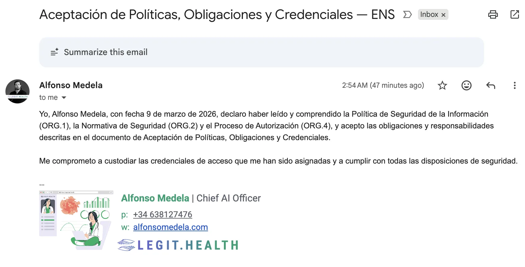 Aceptación de Alfonso Medela