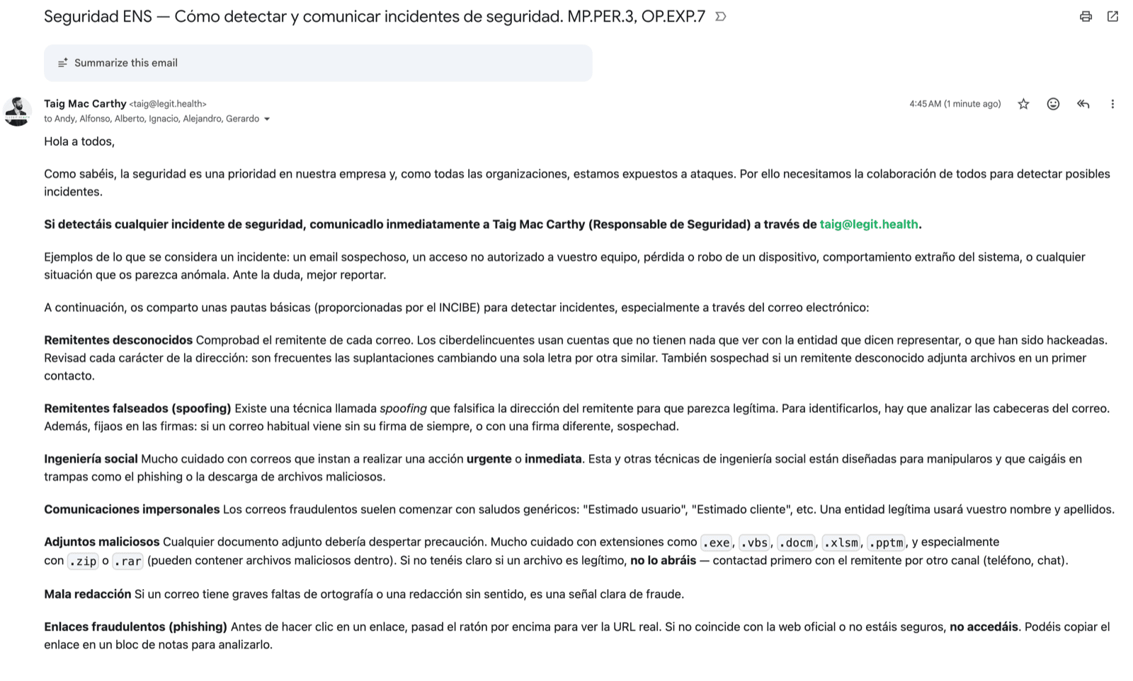 Email concienciación incidentes