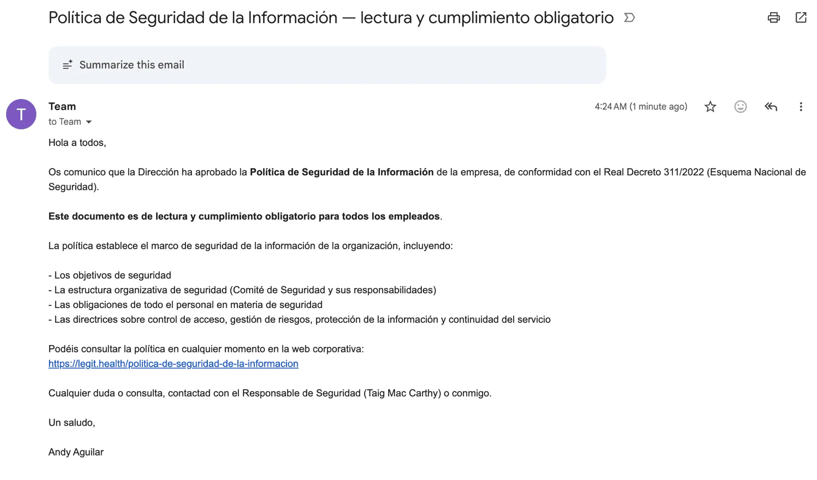 Email de la Política de Seguridad enviado