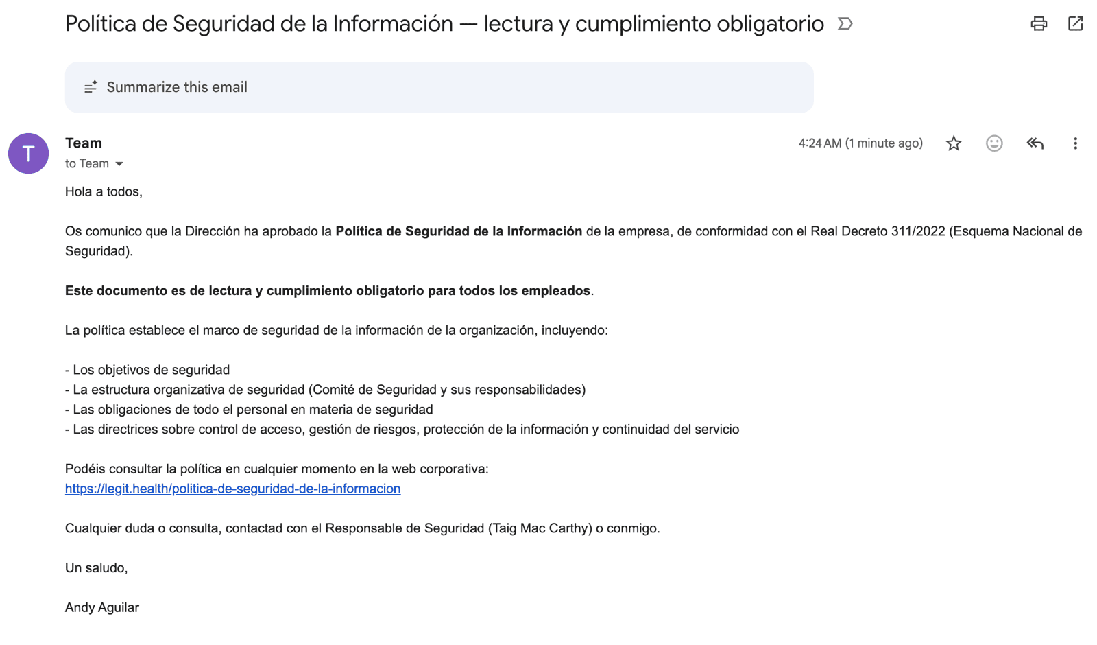 Email de la Política de Seguridad enviado