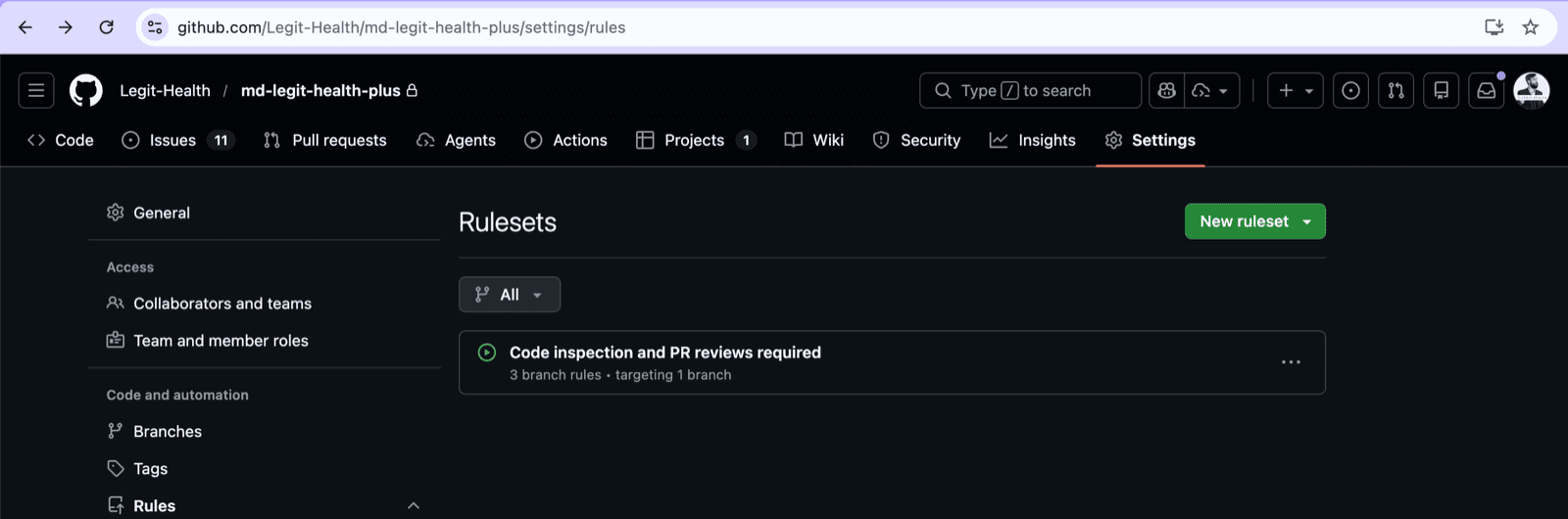 Rulesets del repositorio principal