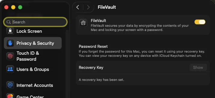 FileVault activado en macOS