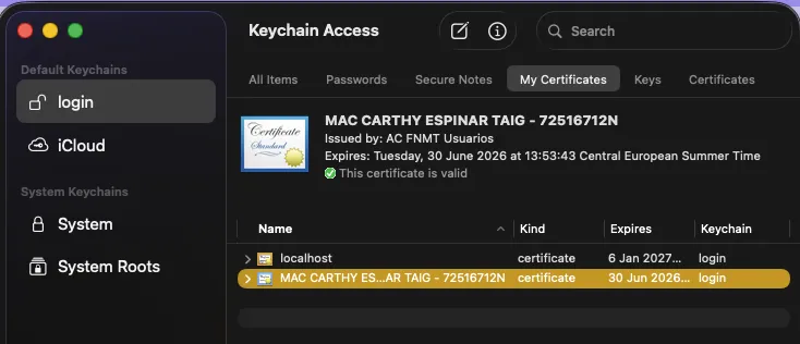 Certificado FNMT en Keychain Access