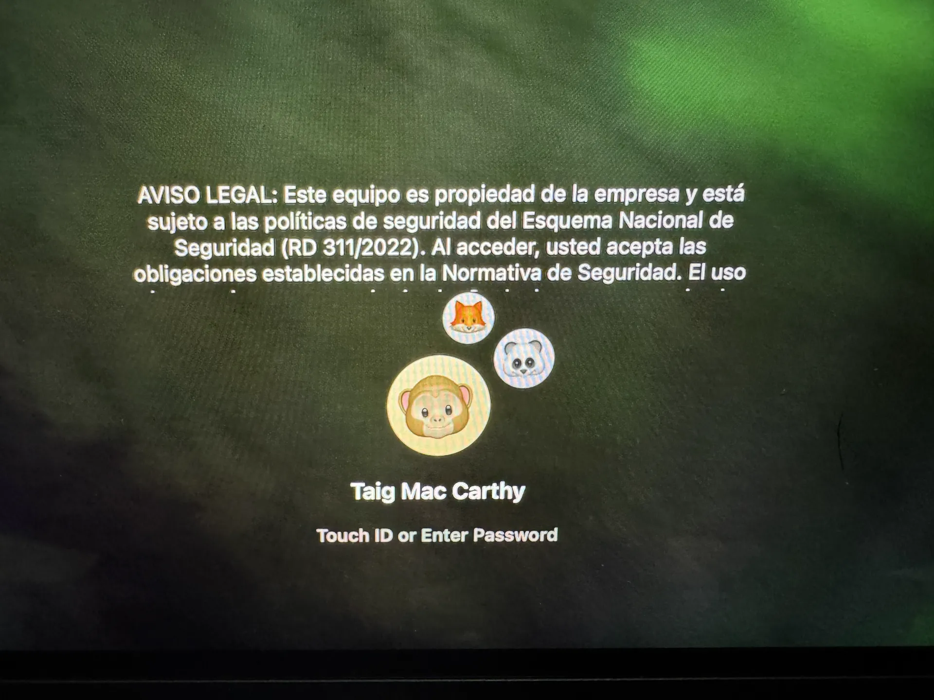 Banner de aviso legal en pantalla de inicio de sesión (detalle)