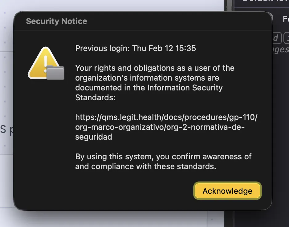 Diálogo de aviso de seguridad tras inicio de sesión