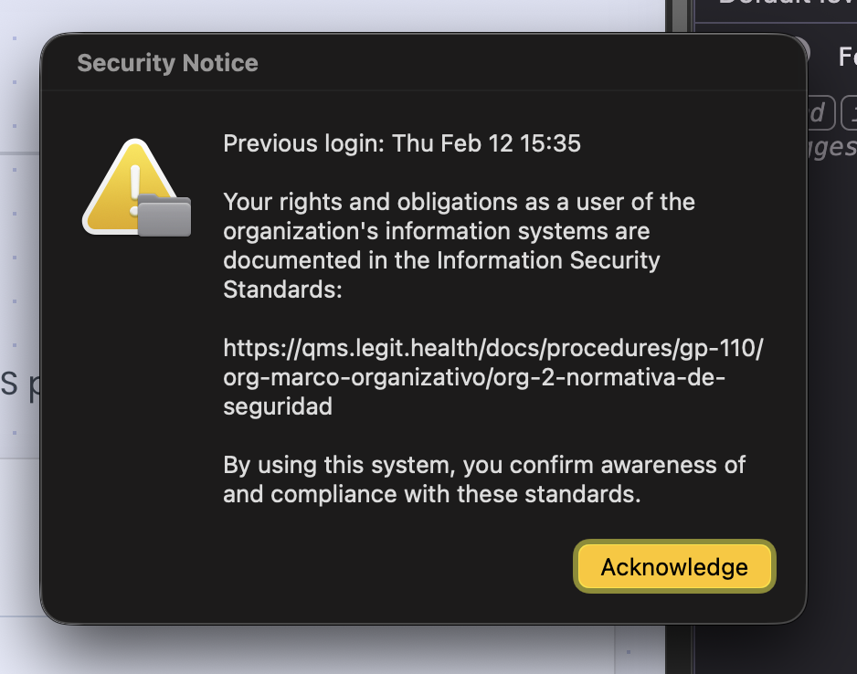 Diálogo de aviso de seguridad tras inicio de sesión