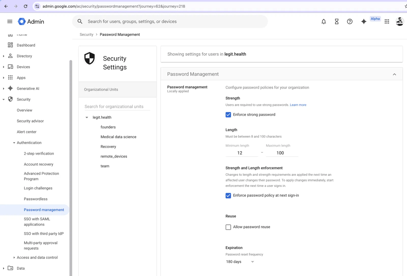 Política de contraseñas en Google Workspace